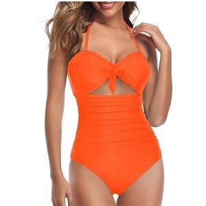 Bow Tie Orange Halter Tummy Control‎ One Piece Padded Swimsuit NWT Size M